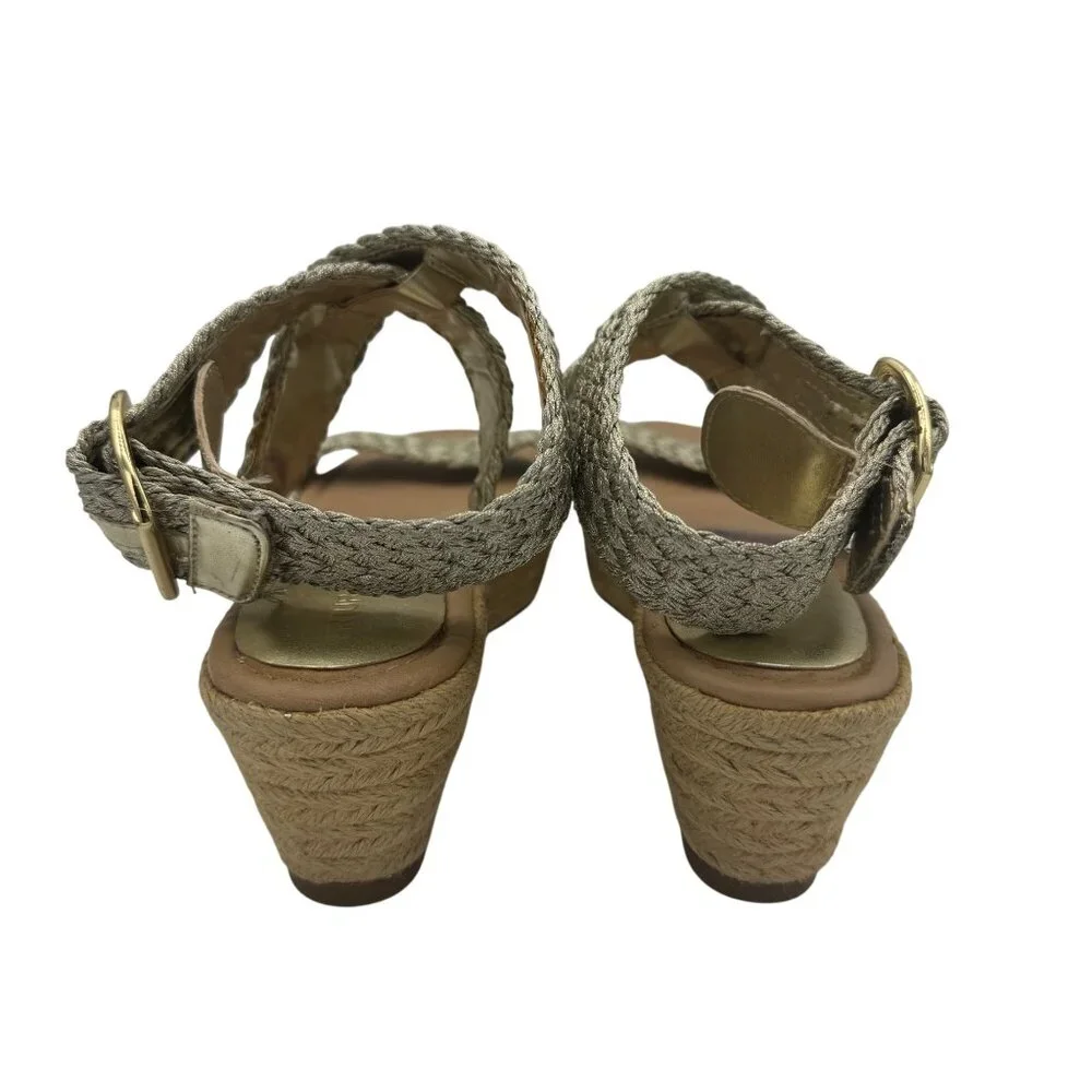 Arturo Chiang Beige Gold Woven Strap Espadrille Wedge Sandals Size 8.5